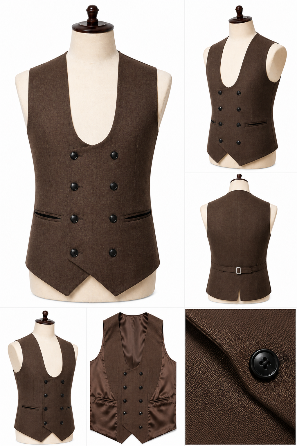 Brown Double Breasted U-Shaped Waistcoat